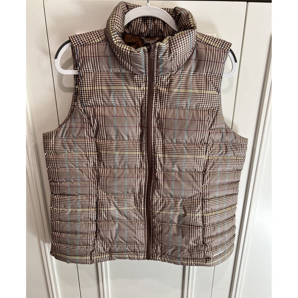 Lands End Down Puffer Vest Brown Plaid Full Zip Outdoor Preppy Heritage